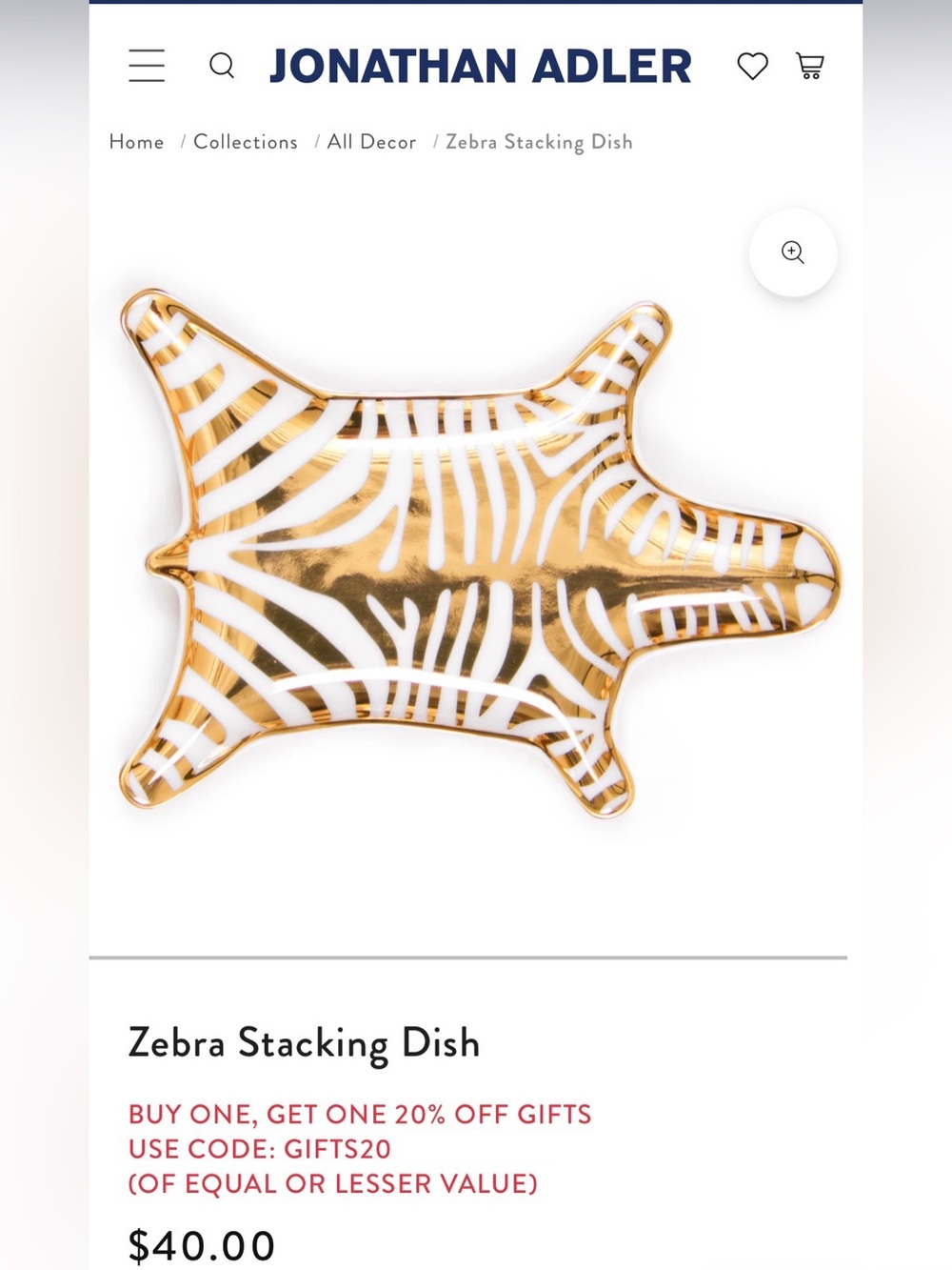Jonathan Adler Zebra Stripe Lucite Tray in White and Gold